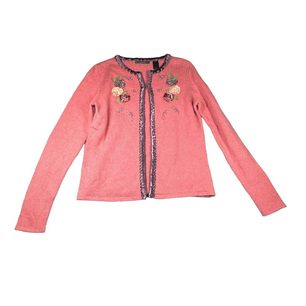 Liz Claiborne Vintage Sweater Silk Angora Blend Embroidery Flowers Medium Y2K
